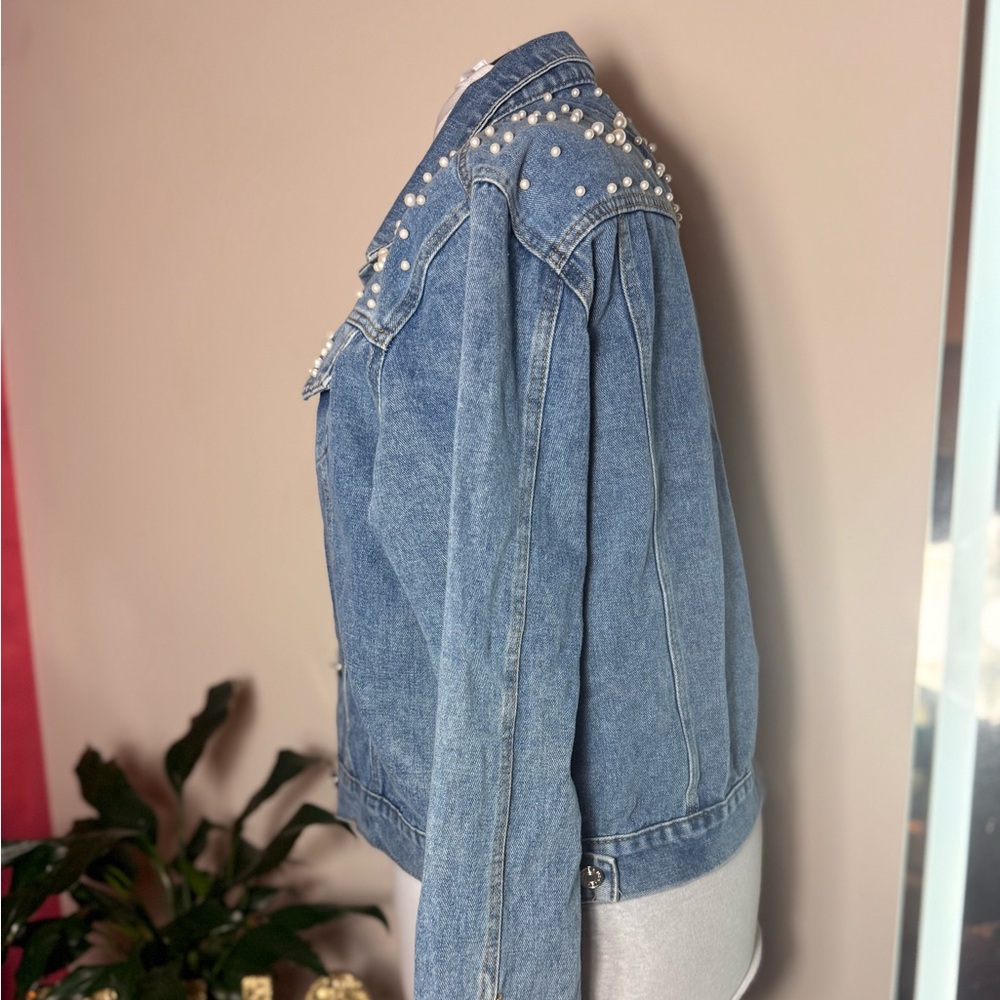 Women's Blue Denim Jacket with Pearl Accents - Picture 2 of 4